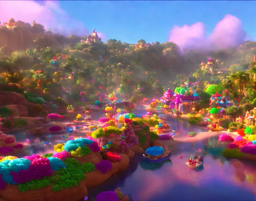 Colorful Animated Landscape with River and Whimsical Vegetation