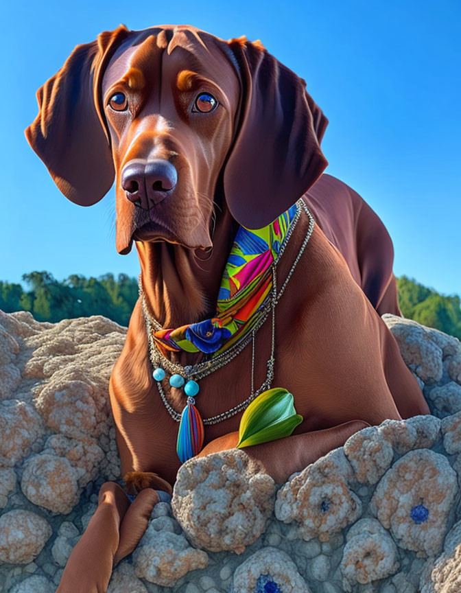 Brown dog with beads and leaf pendant resting on rocky surface under blue skies