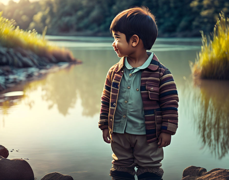 Child in warm clothing by tranquil lake and nature, smiling.