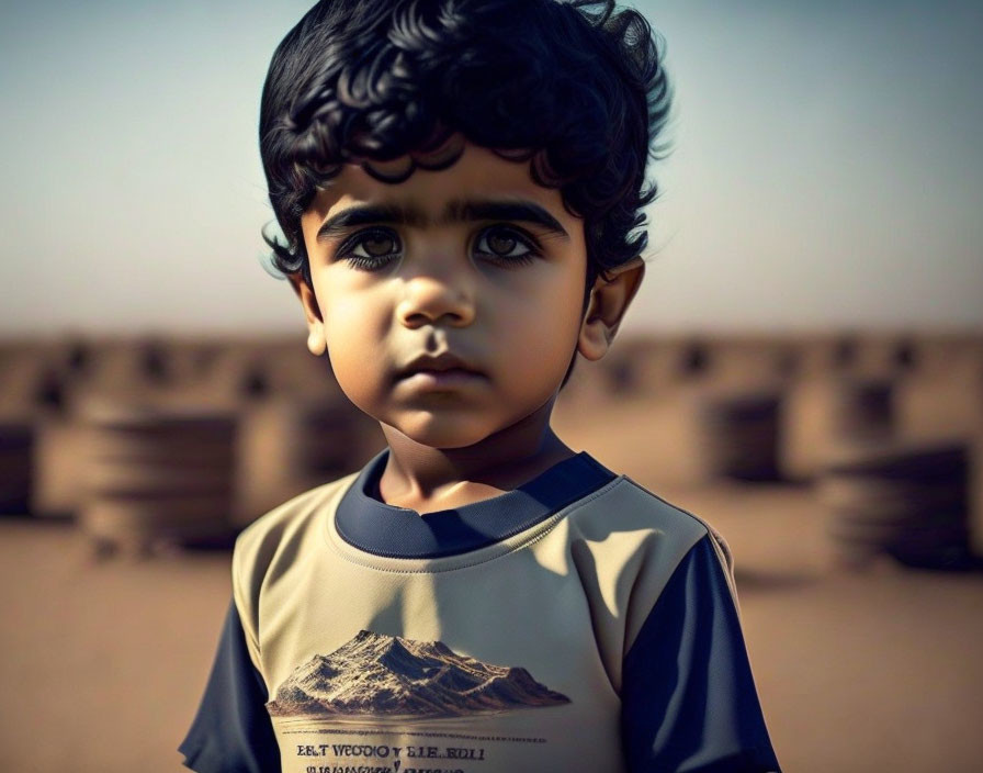 Young child with dark hair in desert-themed T-shirt outdoors