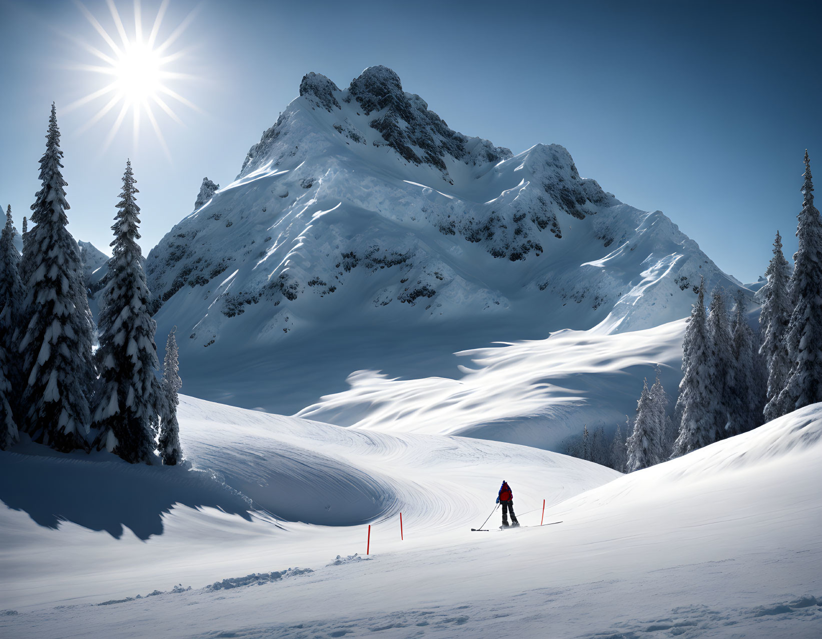 Skier on snowy slope with sunlit mountains