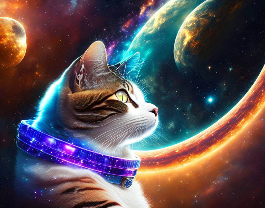 Glowing collar cat surrounded by space elements