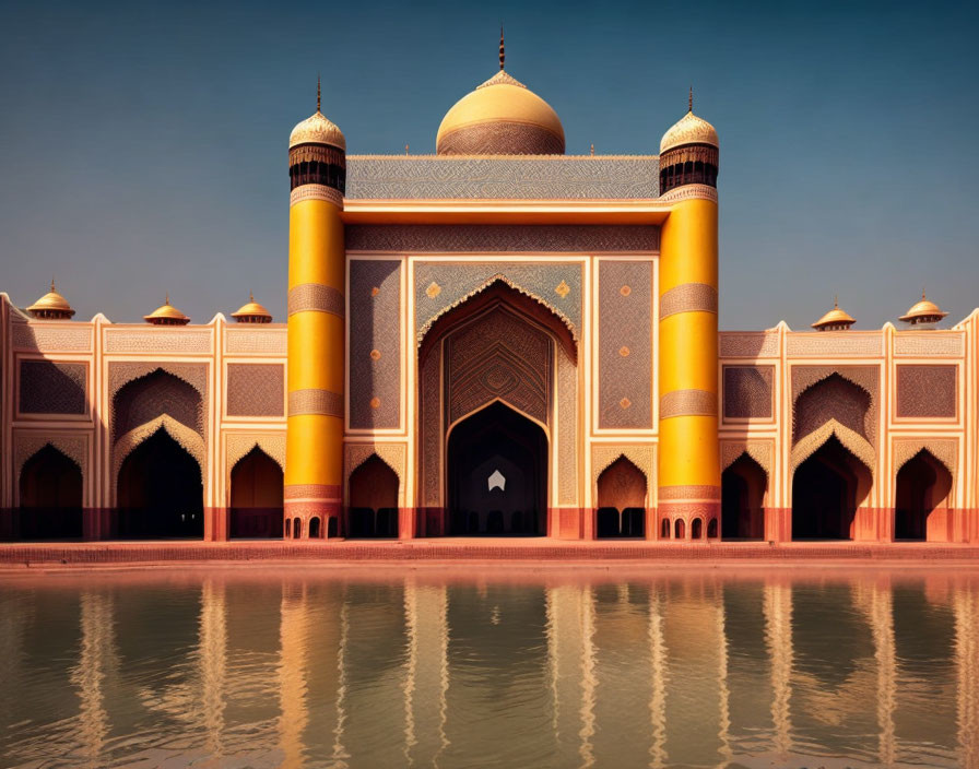 Mosque with Gold and Terracotta Facade, Arches, Domes, and Reflections