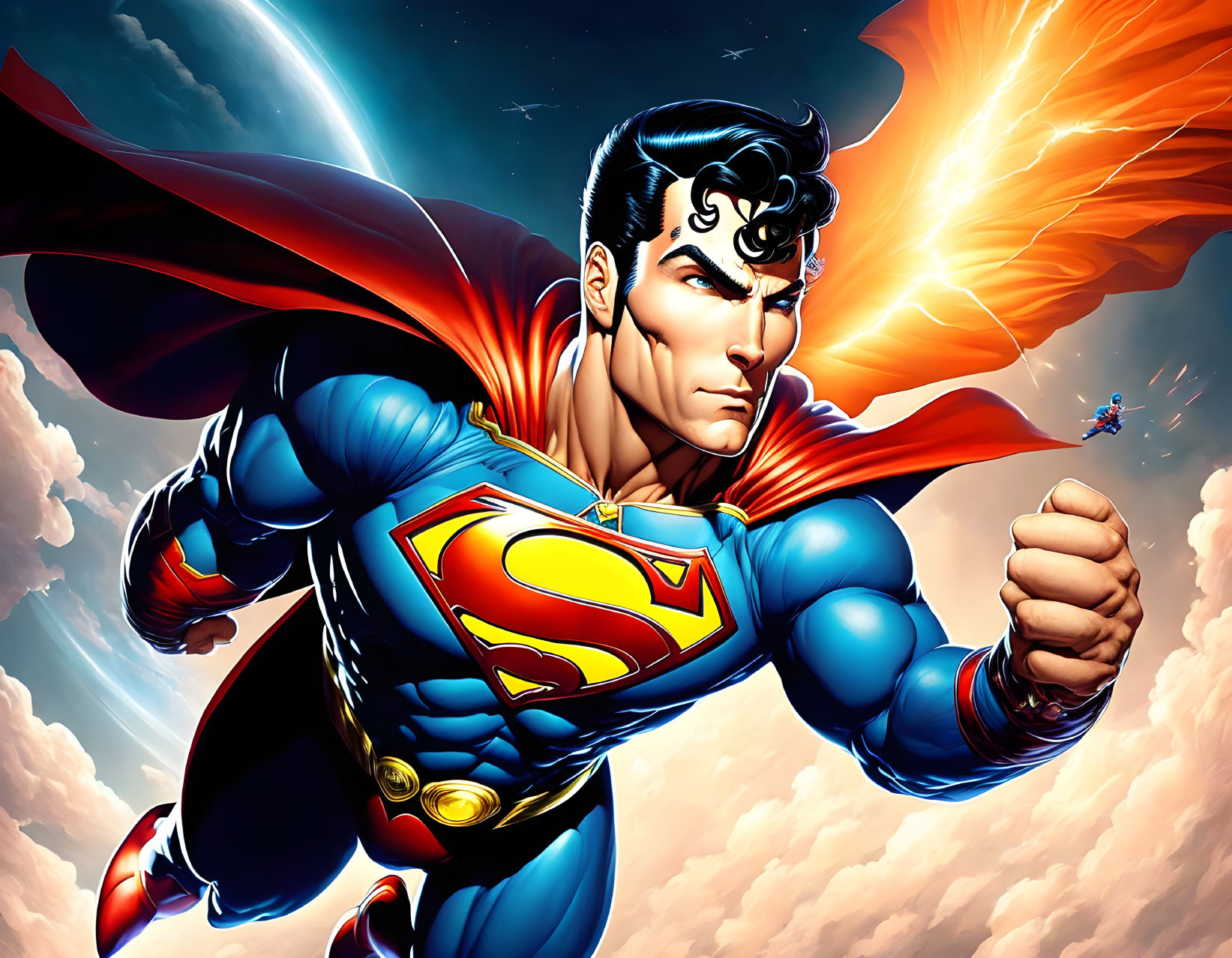 Superman flying with billowing cape and 'S' emblem in sky.