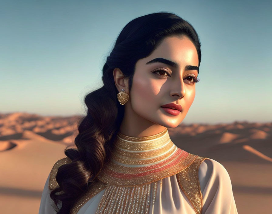 Stylish woman with gold jewelry in desert setting