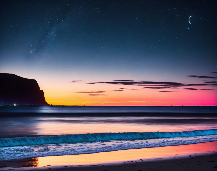 Serene beach scene with twilight sky, stars, crescent moon, and cliff silhouette