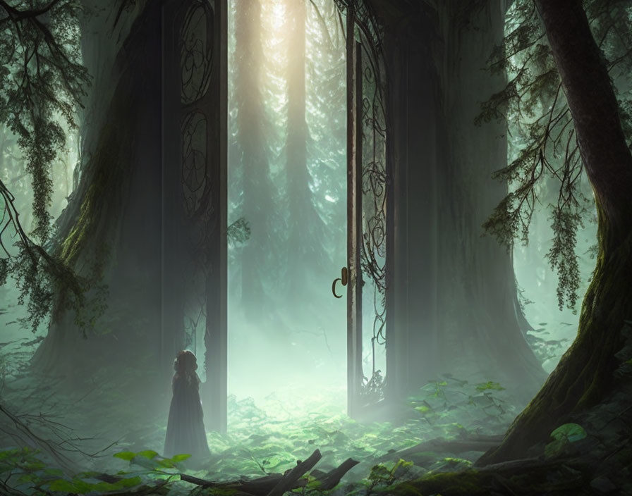 Mystical forest scene with ethereal light rays and ornate door