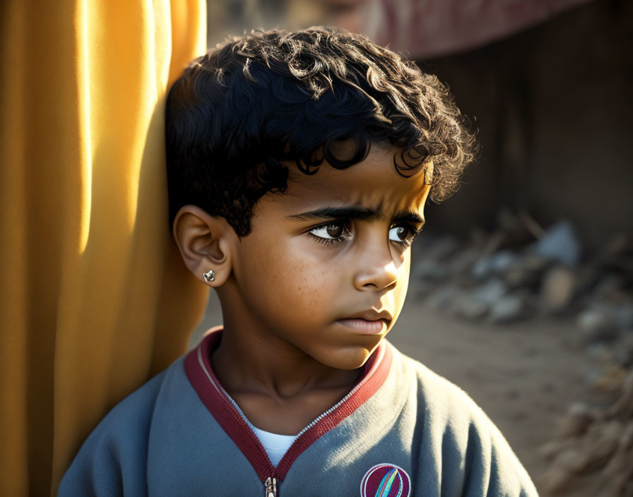 Serious curly-haired child gazing into the distance