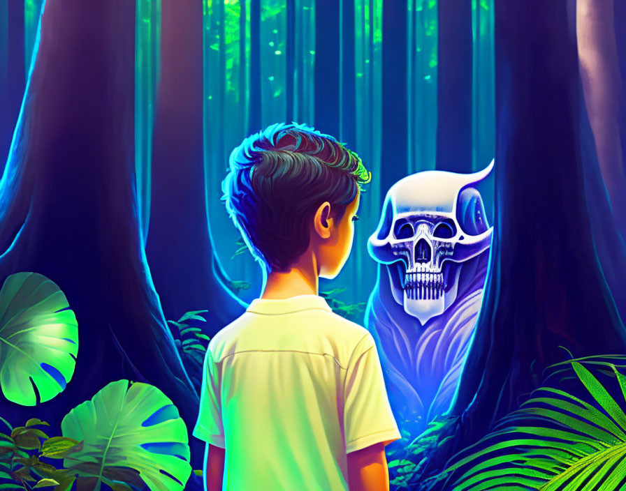 Boy in luminous forest faces glowing skull among trees