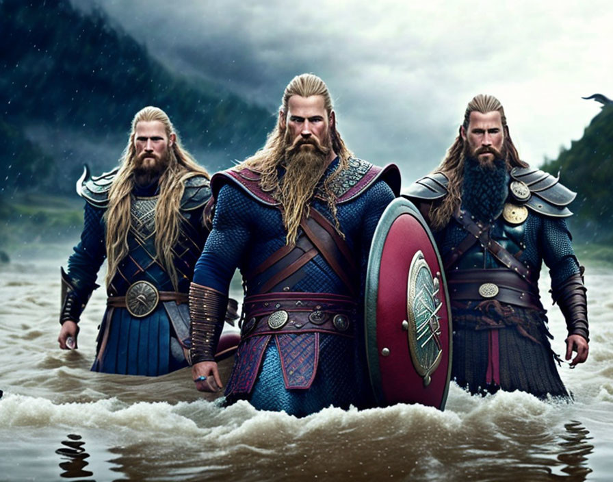 Three bearded men in Viking warrior costumes standing in shallow water under stormy sky