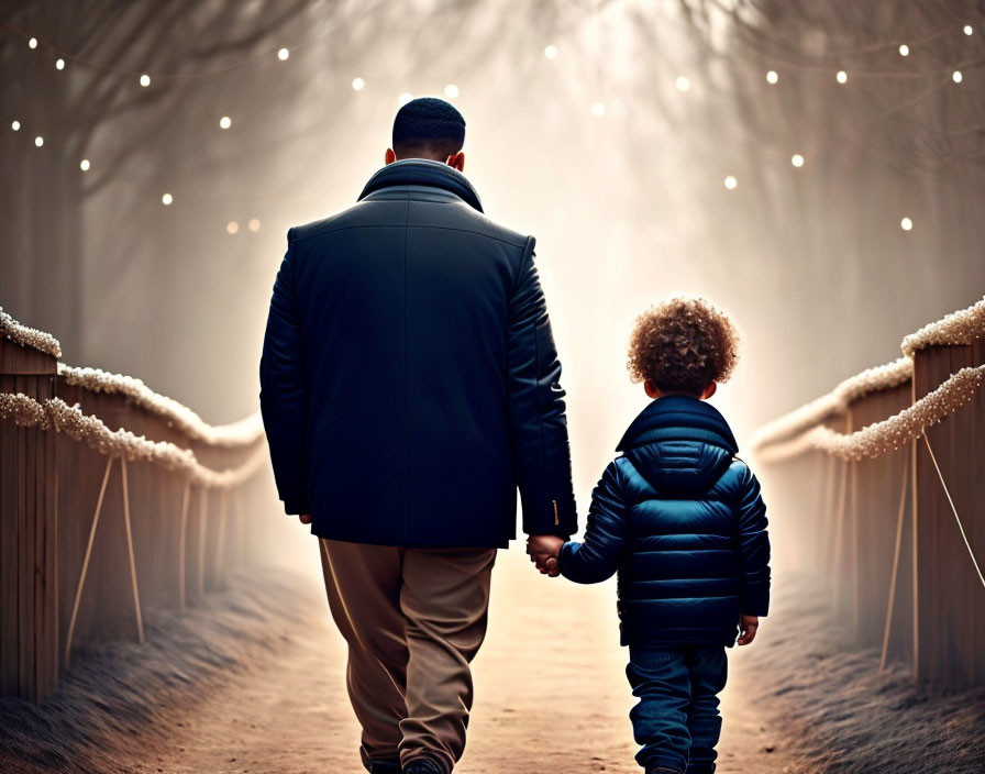 Man and child stroll down illuminated path in golden haze