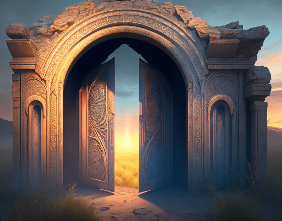 Ancient ajar desert doors with golden light, tall grass, and twilight sky