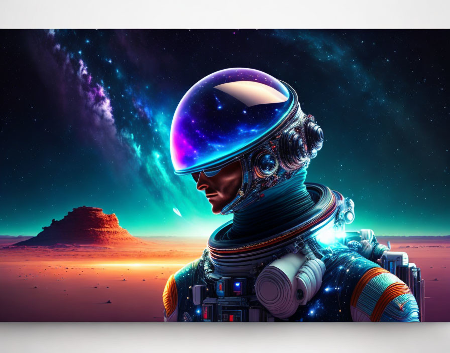 Digital artwork: Astronaut with reflective helmet, cosmic nebula, desert landscape, twilight sky