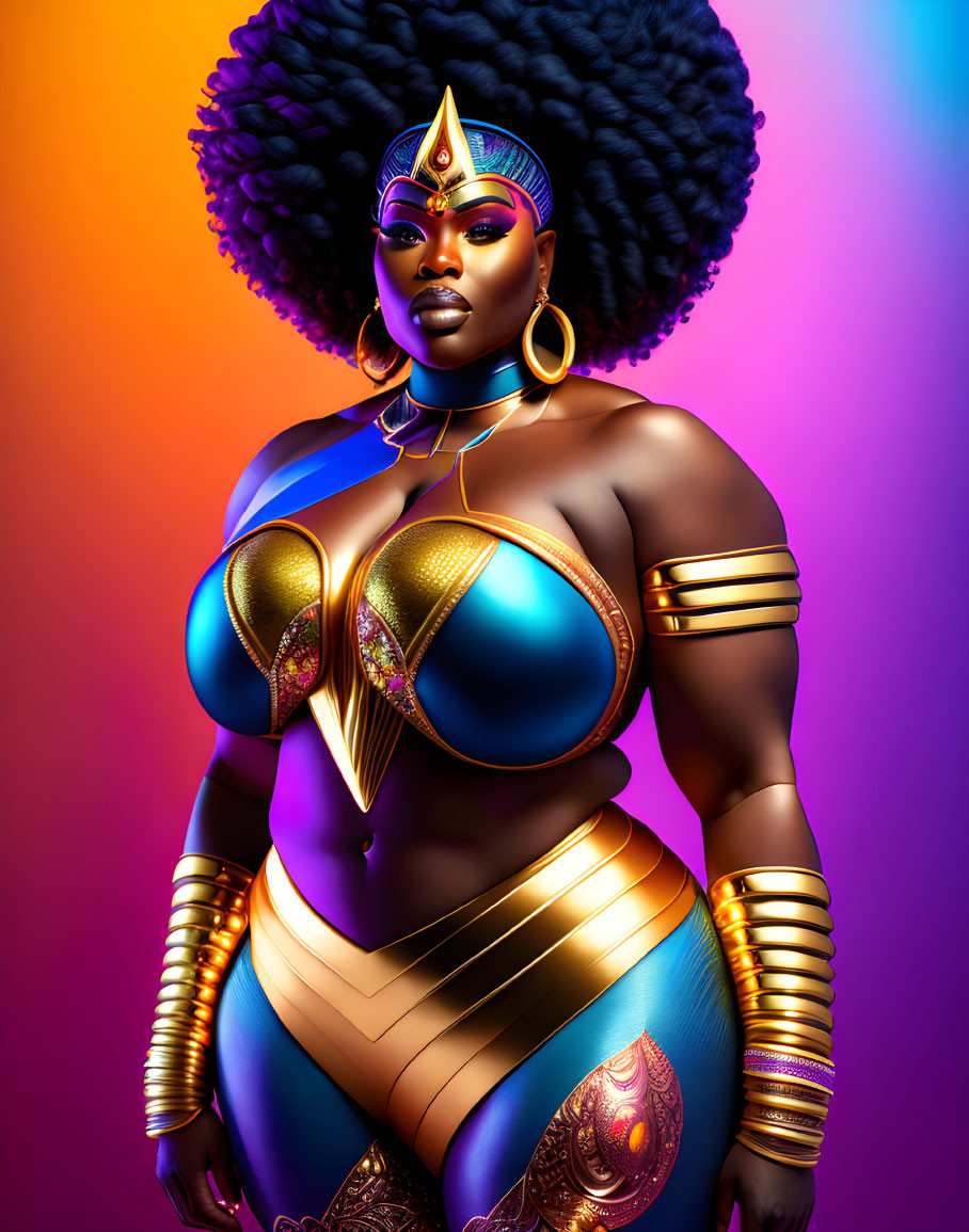 Stylized illustration: Woman in golden armor on vibrant background