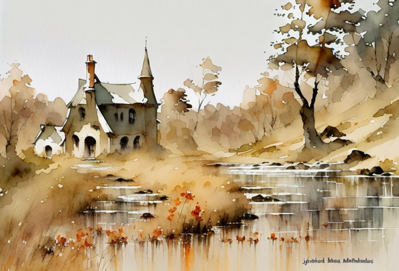 Serene landscape watercolor painting with quaint house by reflective water