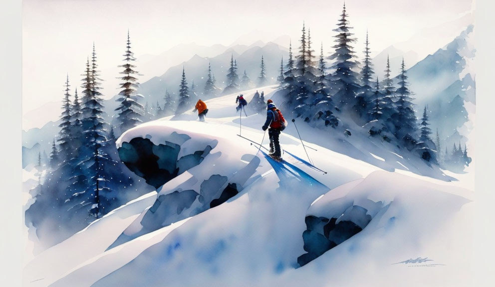 Skiers in Snowy Mountain Landscape with Evergreen Trees