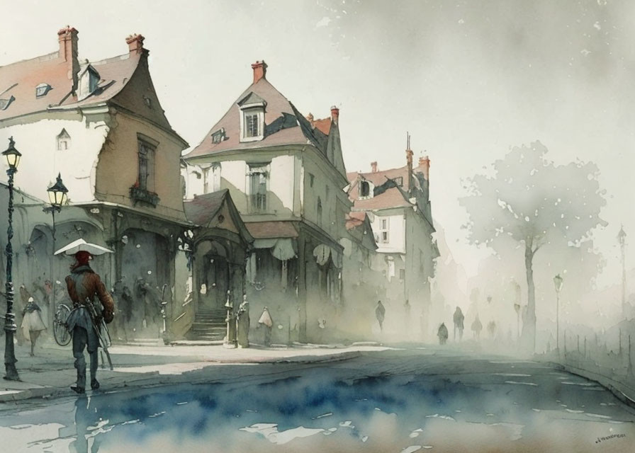 Quaint Street Scene Watercolor Painting with Misty Atmosphere