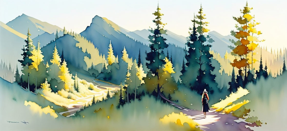 Person walking in vibrant mountain landscape with tall trees and sunlit peaks