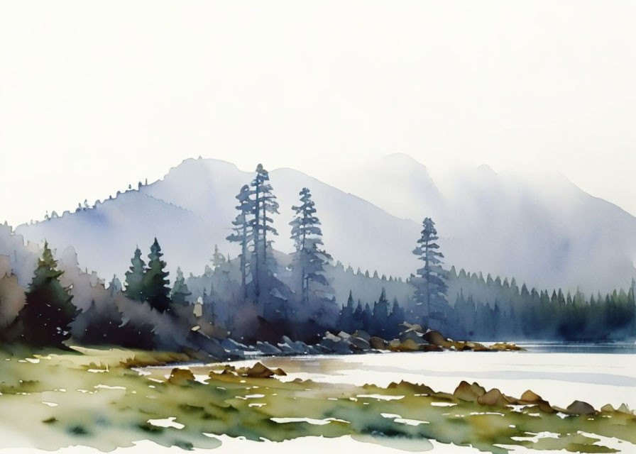 Serene landscape watercolor painting with misty mountains, lake, and trees