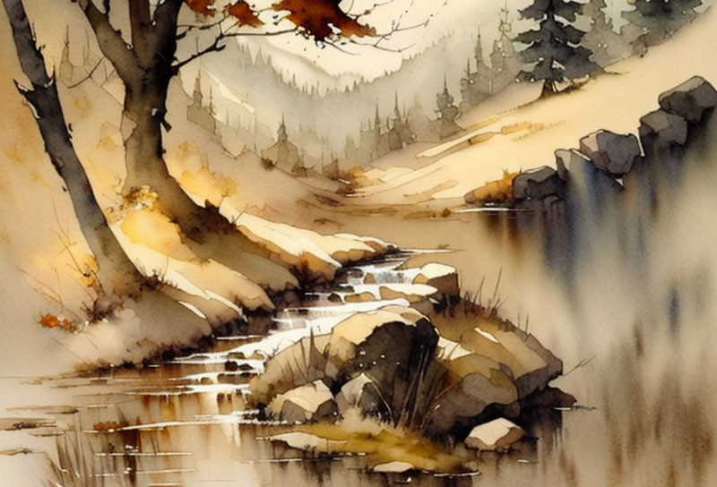 Serene Autumnal Scene: Watercolor Painting of Cascading Stream