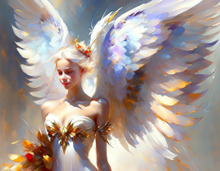 Serene angelic figure with large wings and floral adornments on warm backdrop