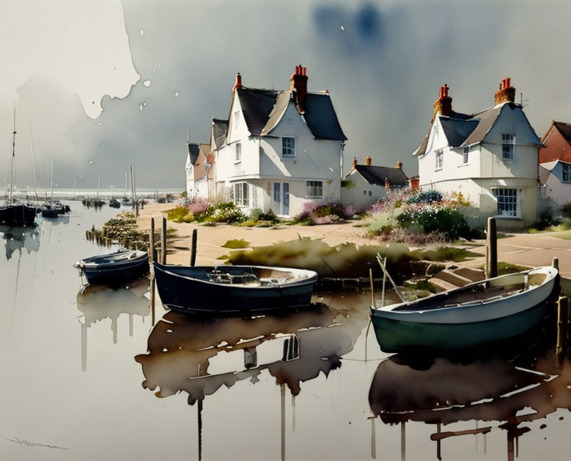 Tranquil watercolor painting: Boats near cottages, calm water