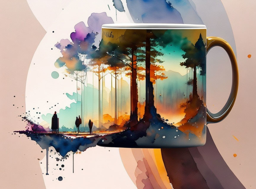 Colorful Watercolor Forest Scene Mug with Silhouetted Figures