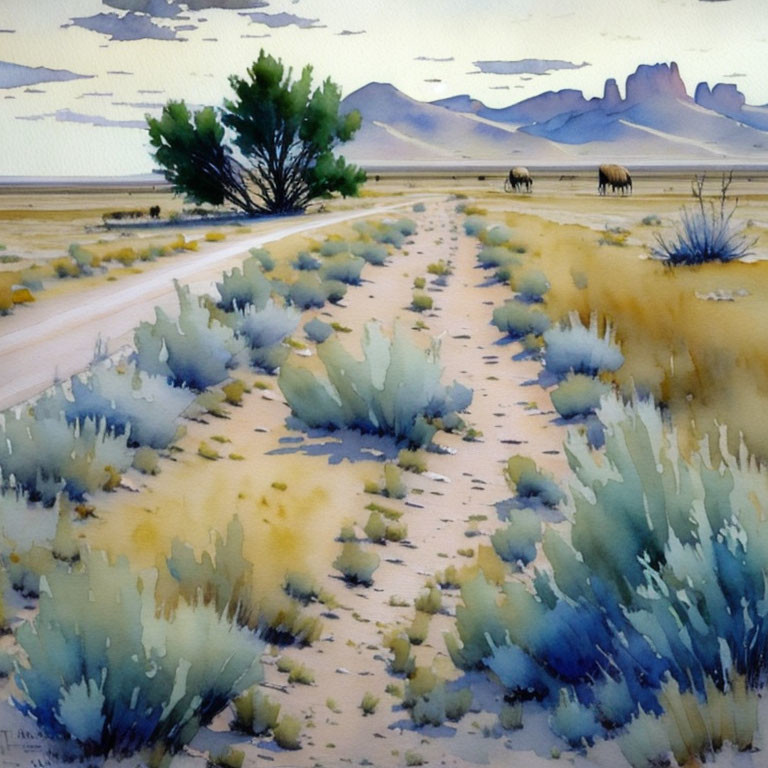 Tranquil desert landscape with dirt path, shrubbery, trees, and vast sky