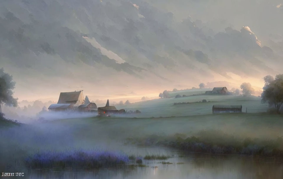 Tranquil dawn landscape: misty farm, rolling hills, river, pastel sky