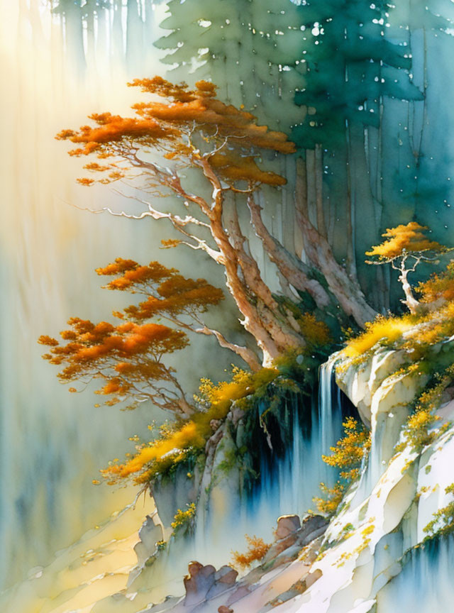 Golden-leafed autumn tree on cliff with misty waterfall in sunlit forest