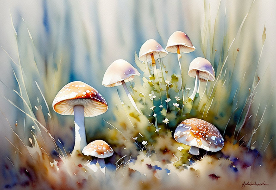 Whimsical mushroom cluster in watercolor painting