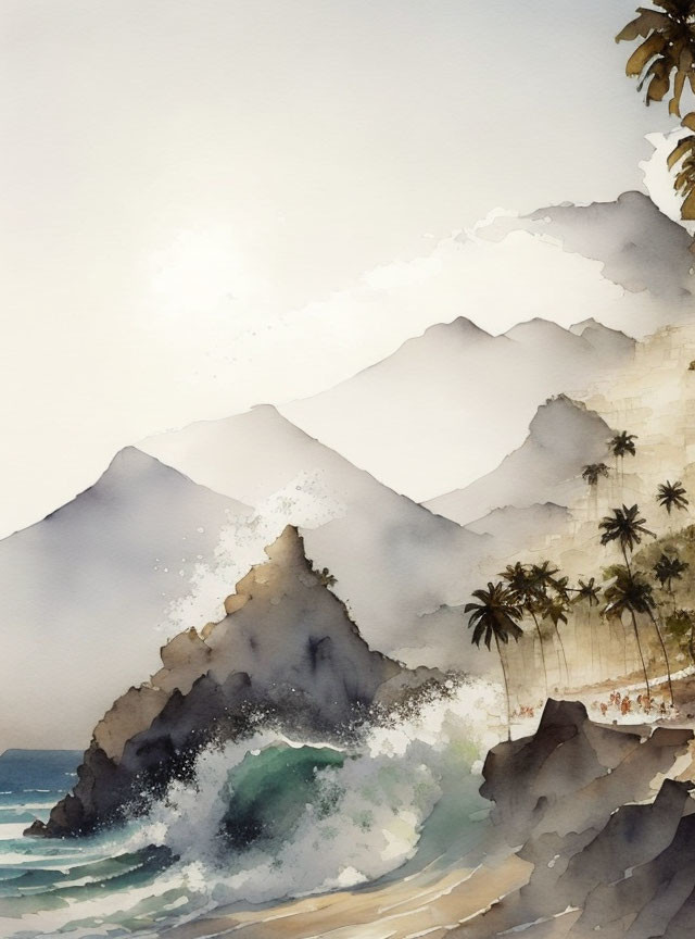 Serene beach scene with crashing waves, palm trees, and misty mountains