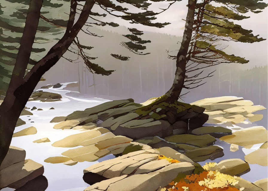 Winter forest illustration: stony path, evergreen trees, snow patches