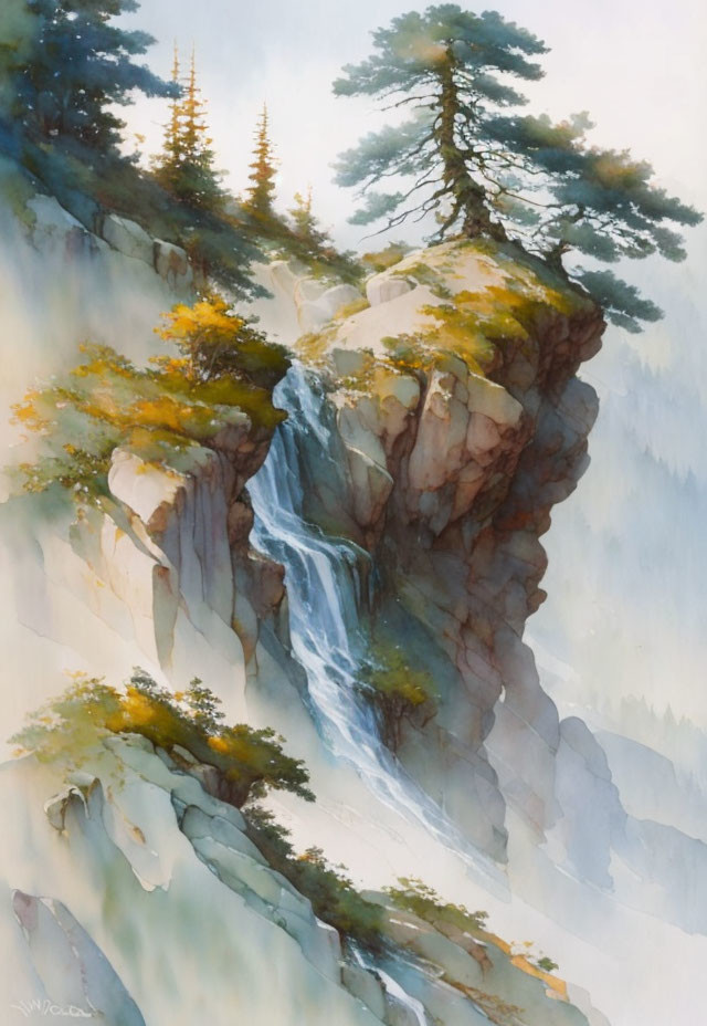 Tranquil watercolor painting: cascading waterfall, misty coniferous cliff