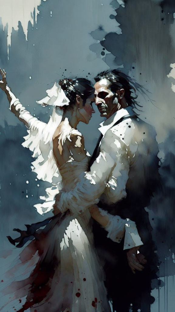 Stylized painting of man and woman in elegant attire dancing with abstract watercolor effect