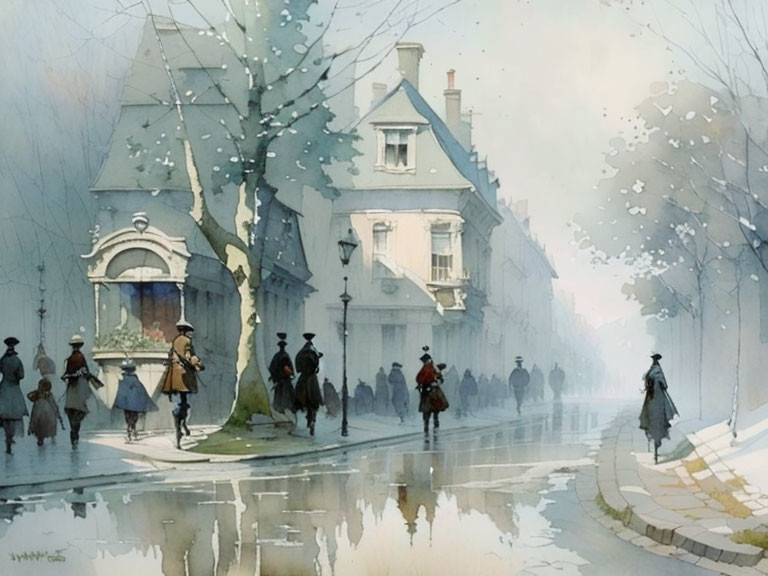 Watercolor painting: People on vintage street with trees and old house on foggy day