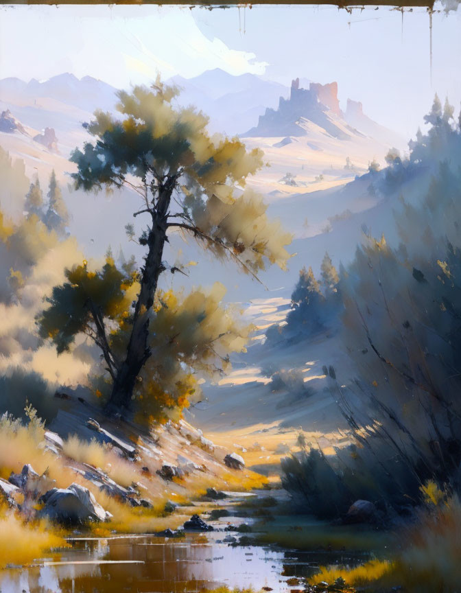 Tranquil landscape painting with solitary tree, rolling hills, distant castle, and soft light