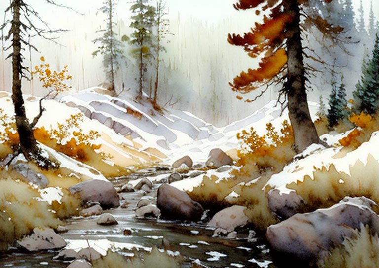 Tranquil watercolor of wintry forest with creek & autumn leaves