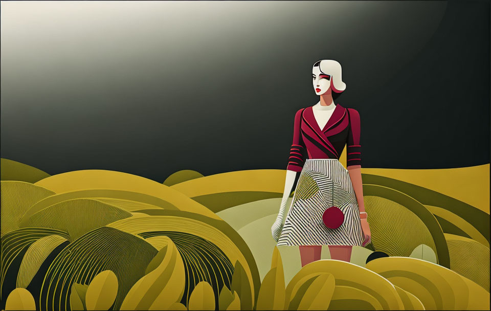 Stylized woman illustration with bob haircut in red and black outfit against tropical backdrop