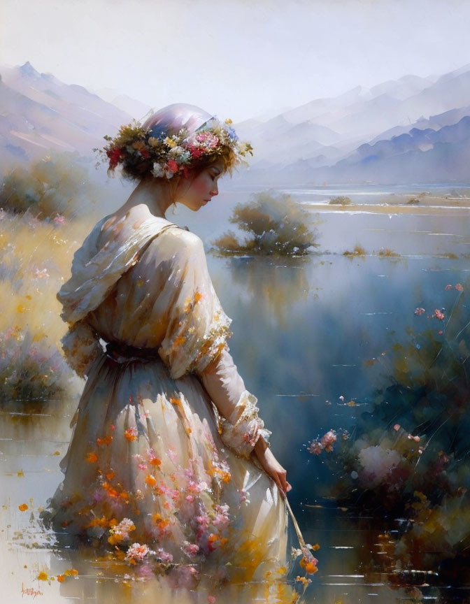 Vintage-dressed woman by serene lake with mountain landscape