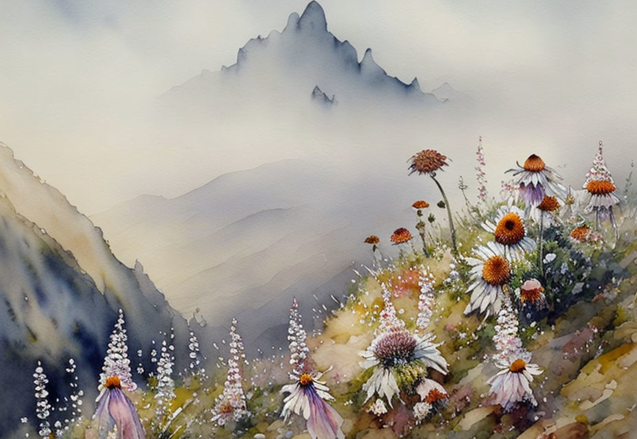 Tranquil mountain landscape with misty peaks and wildflowers