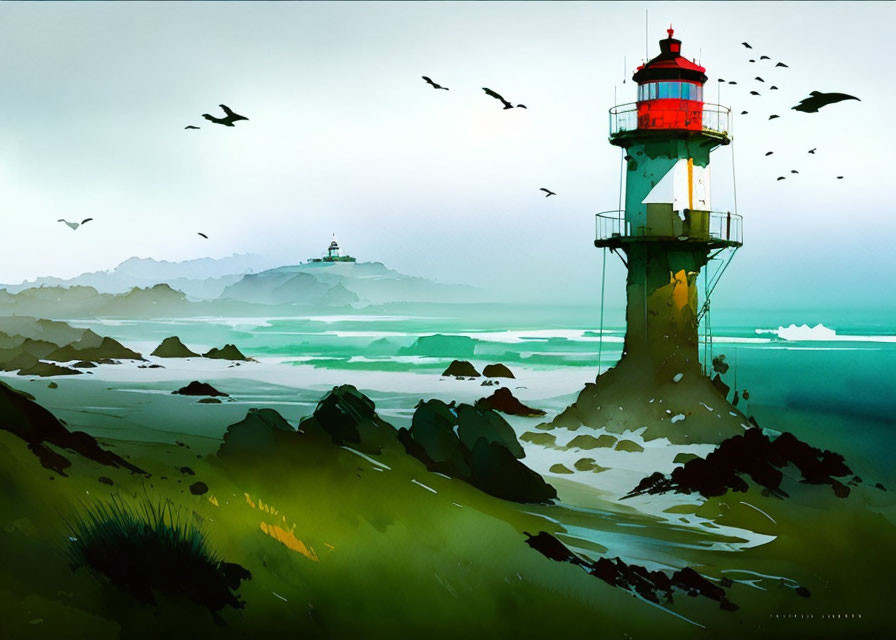 Coastal scene with lighthouse, birds, and hill under greenish sky