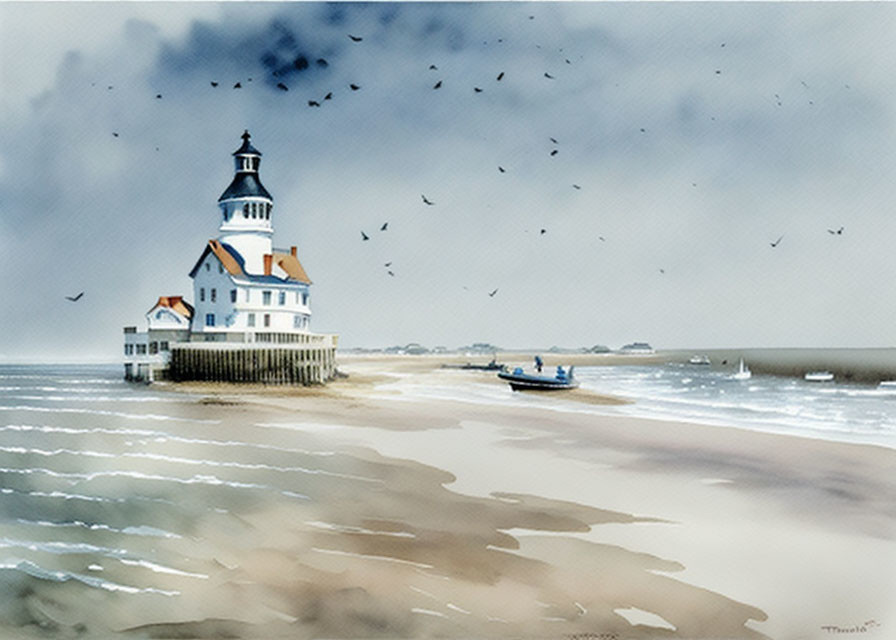 Lighthouse on Pier Watercolor Painting with Boat and Birds