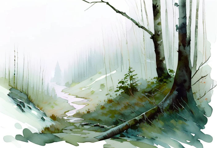 Tranquil watercolor: Misty forest scene with thin trees and winding stream