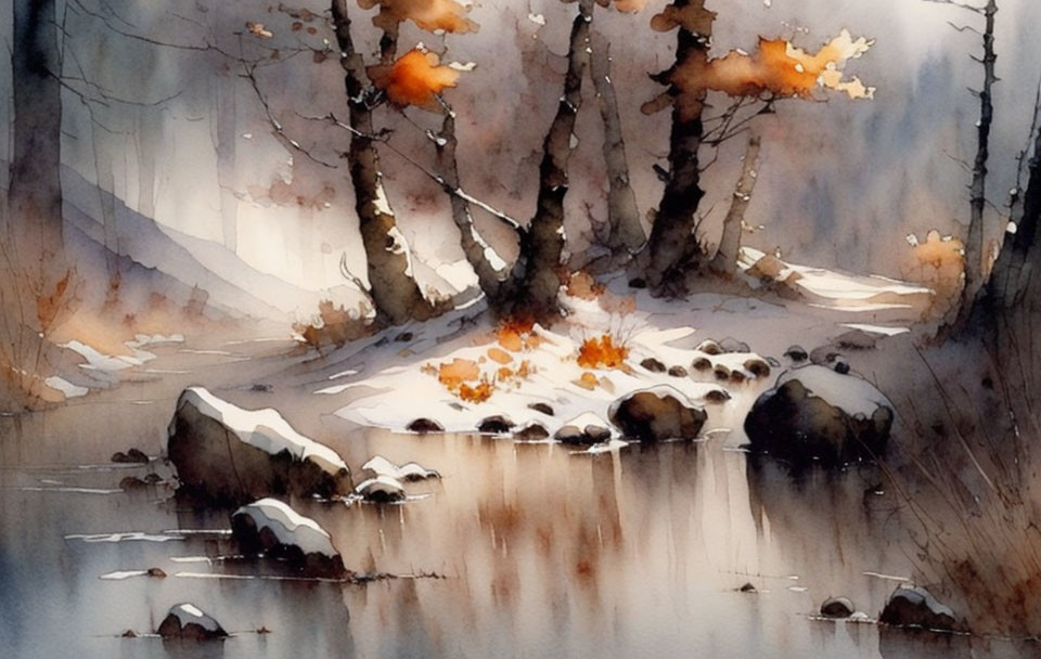 Snowy Landscape Watercolor Painting with Bare Trees and Reflective Water