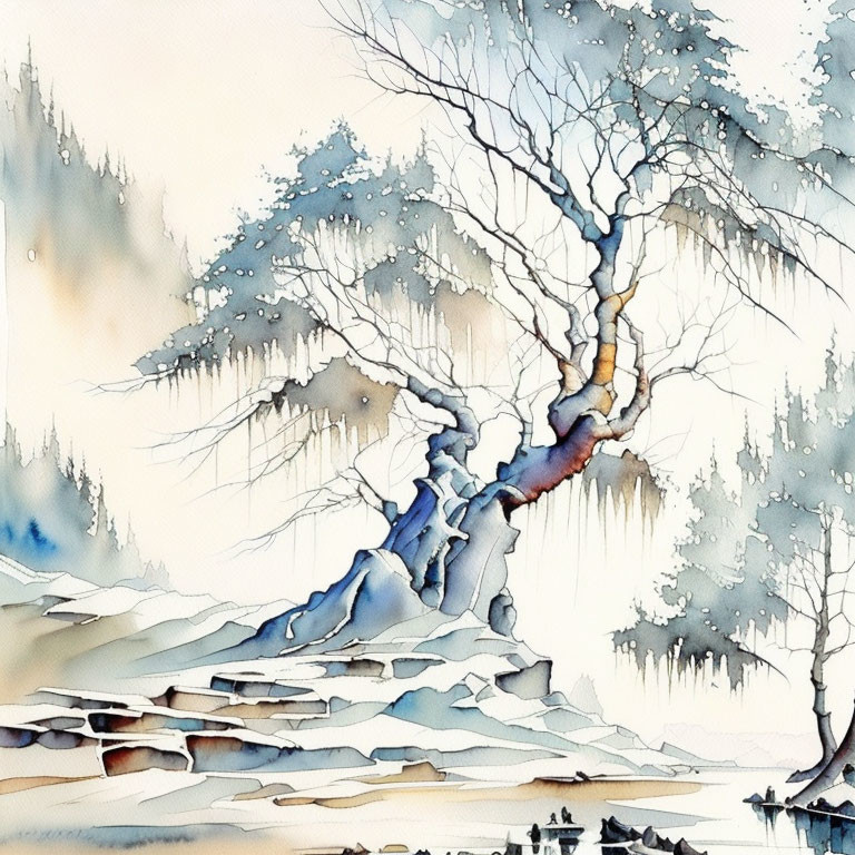 Winter landscape watercolor painting with leafless tree and foggy forest