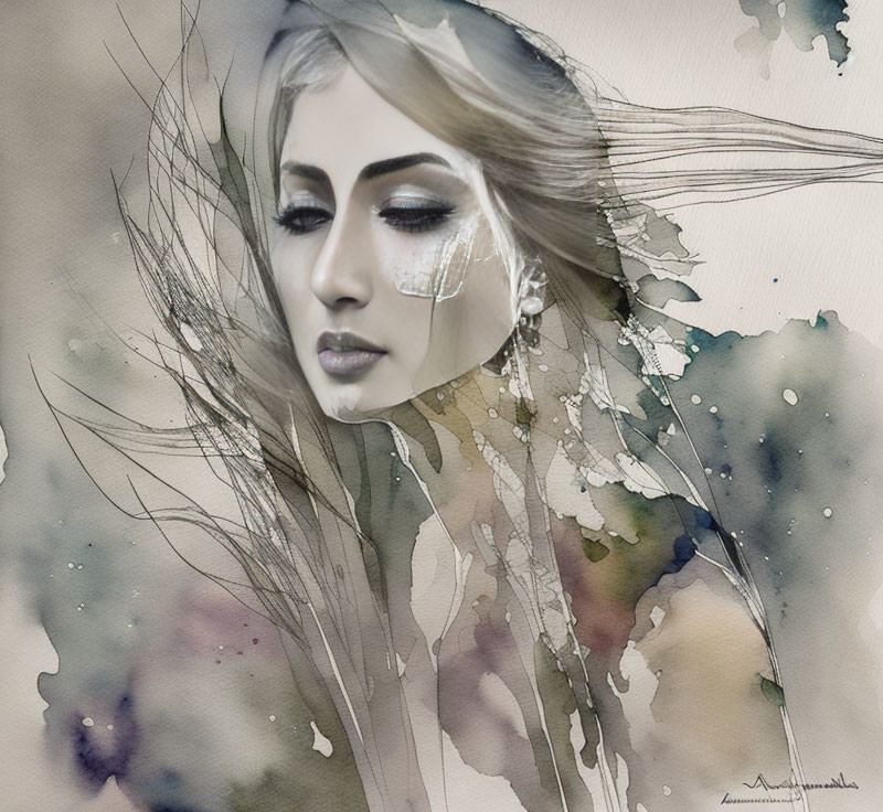 Detailed Watercolor Illustration of Woman with Flowing Hair and Abstract Paint Splatters