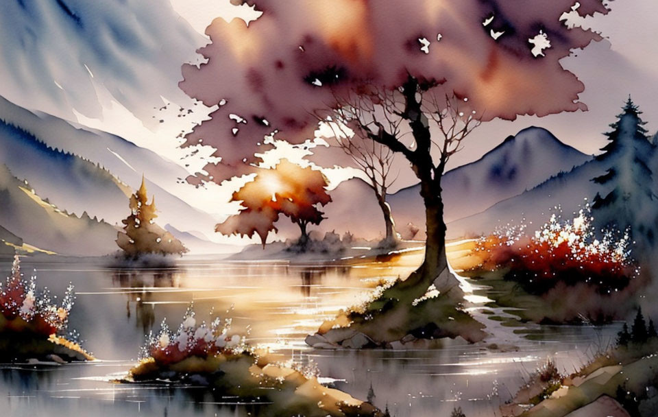 Tranquil watercolor landscape with autumn trees and mountain backdrop