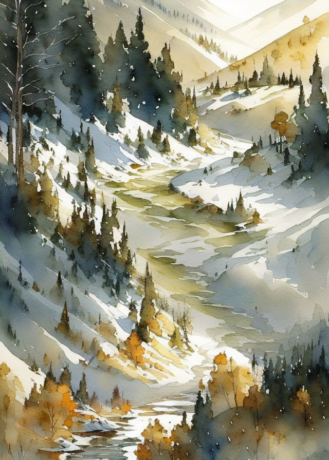 Snowy landscape watercolor painting: river, pine trees, hills.