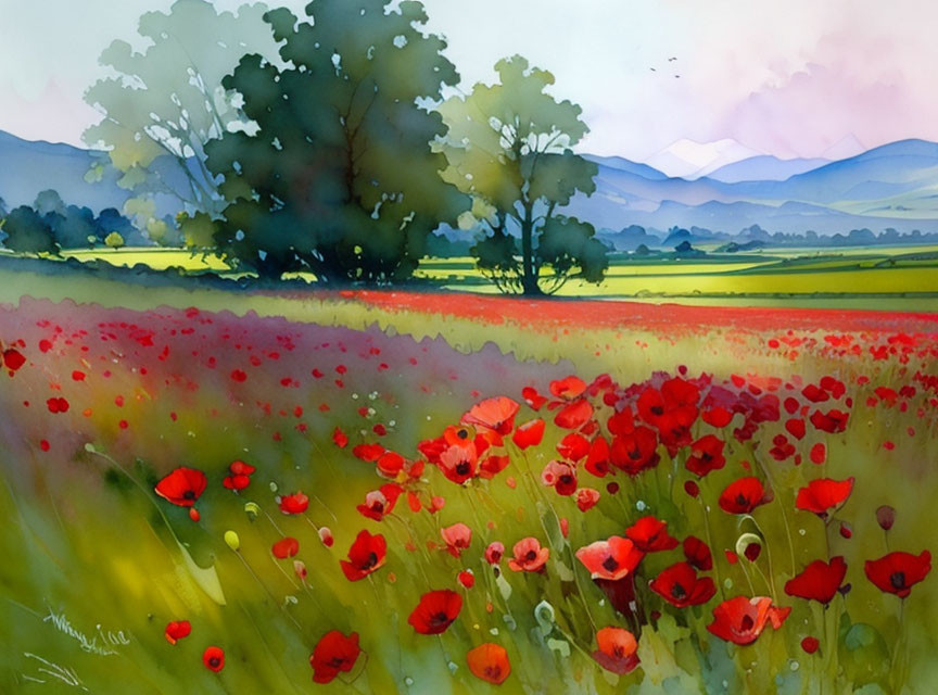 Colorful Watercolor Painting of Poppy Field with Mountains & Cloudy Sky